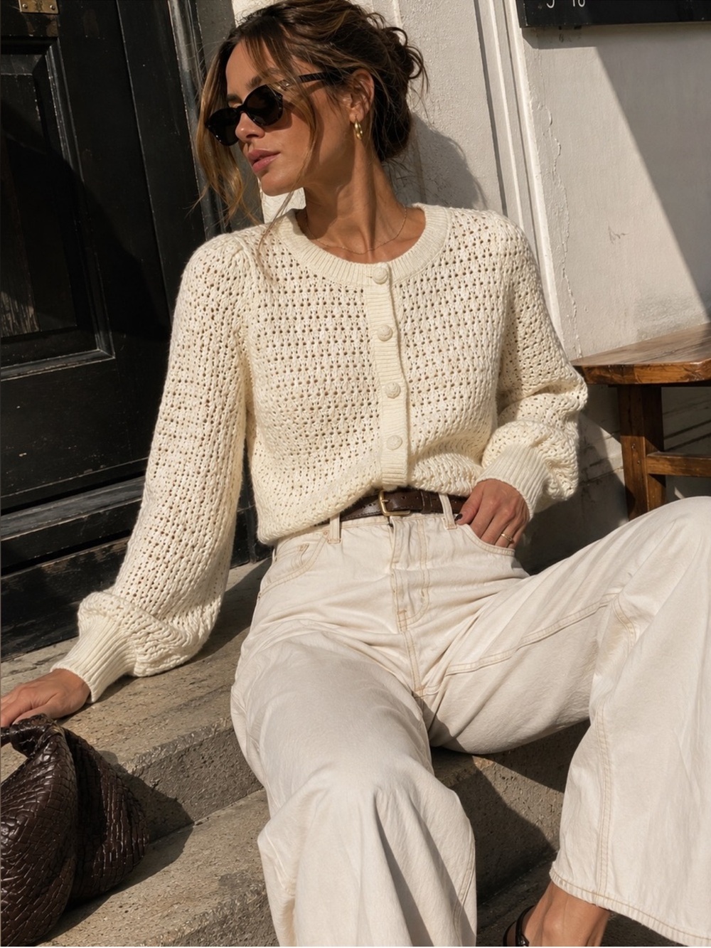 Caroline Constas Crochet Pointelle Knit Cardigan Cream L NWT